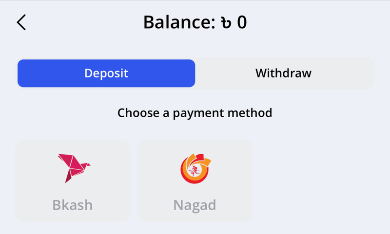 Choose a payment method in Glory Casino App Bangladesh
